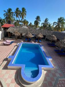 uma piscina num resort com guarda-sóis e cadeiras em Amani Hotel Paje em Paje