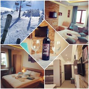 a collage of photos with a bottle of wine and glasses at Apartment S&A Milmari Resort S43 in Kopaonik