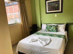 1 dormitorio con 2 camas, paredes verdes y ventana en Ayenda Hotel Ecosuite Quibdó en Quibdó