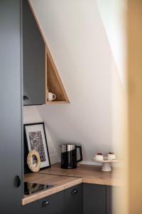 a kitchen with a wooden shelf with a cupboard at Jedla Apartments in Dzianisz