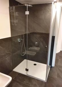 La salle de bains est pourvue d'une douche avec une porte en verre. dans l'établissement Suite Svaizer con giardino privato, à Malè
