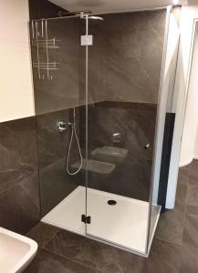 W łazience znajduje się prysznic ze szklanymi drzwiami. w obiekcie Suite Svaizer con giardino privato w mieście Malè +8 zdjęć