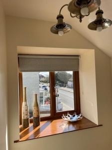 una finestra con tre vasi seduti su un davanzale di Kennys apartment a Milford Haven