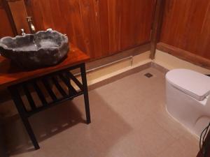 a bathroom with a toilet and a counter with a sink at ByVe Garden in Hanoi