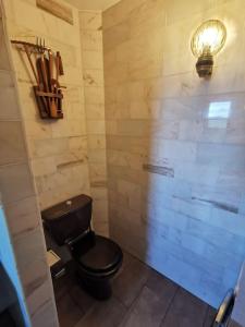 a bathroom with a black toilet and a light at L'Estive, gîte à la ferme en montagne in Eschbach-au-Val