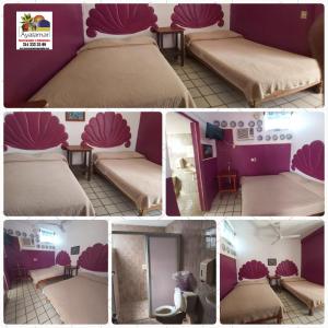 uma colagem de quatro fotografias de um quarto com camas em Hotel Ayalamar Manzanillo em Manzanillo