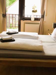 two beds sitting next to each other in a bedroom at Pension zur Quelle in Deudesfeld