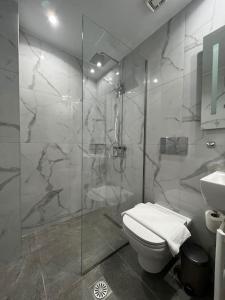 ein Bad mit einer Dusche, einem WC und einem Waschbecken in der Unterkunft Studio MV in the center of Athens - Secured area in Athen