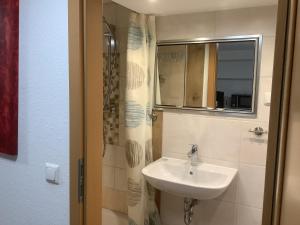 a bathroom with a sink and a mirror at Doppelzimmer mit neuem Bad und Sportpool-Nutzung außen, beheizt, im Souterrain der Villa Naturpark Rheinblick in Koblenz