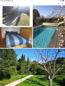a collage of four pictures of a swimming pool at Doppelzimmer mit neuem Bad und Sportpool-Nutzung außen, im basement cellar der Villa Naturpark, Garten mit Rheinblick in Koblenz
