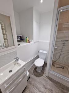 ein weißes Badezimmer mit Toilette und Dusche in der Unterkunft Studio Le Galet idéalement situé en centre ville in Dieppe