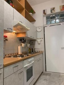 eine Küche mit einem Herd und einem weißen Kühlschrank in der Unterkunft Centrally and green in Wien