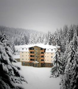 a building in the middle of a snow covered forest at Carpe diem Zlatar in Nova Varoš