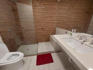 y baño con aseo, lavabo y ducha. en Apartamento PARDO CCA, en Lima