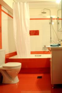 y baño con aseo, ducha y lavamanos. en Olive and Orange Apartment, en Mystras