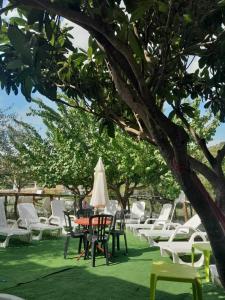 een groep stoelen en tafels en een boom bij Villa Parco Morello Primo Piano in Villarosa
