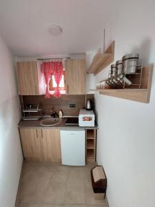 a small kitchen with wooden cabinets and a sink at Apartment S&A Milmari Resort S43 in Kopaonik