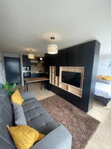 コキンボにあるDepartamento con piscina vista panorámica más estacionamientoのソファとテレビのあるリビングルーム