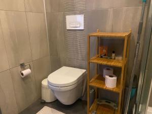 een kleine badkamer met een toilet en een plank bij wide garden flat close to the memorıall hospital hGyhomes2103 in Istanbul