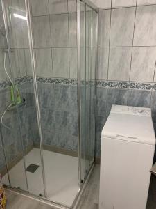 ロス・クリスティアーノスにあるPorto Royaleのトイレの隣にガラスドア付きのシャワーが備わります。