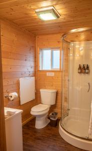 y baño de madera con aseo y ducha. en Alaska Glacier Lodge en Palmer