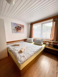 ein Schlafzimmer mit einem Bett mit zwei Kissen und einem Fenster in der Unterkunft Rodinná Chatka Mehes in Doksy