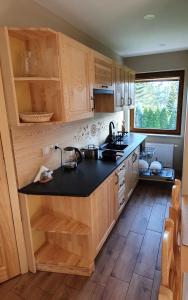 eine Küche mit Holzschränken und einer schwarzen Arbeitsplatte in der Unterkunft Apartament Orkisz in Zakopane