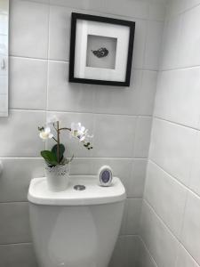 a white bathroom with a toilet with flowers on it at Mews Cottage Arnside - 2 Bedroom Cottage in Arnside