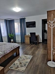 1 dormitorio con cama, escritorio y mesa en Casa Marina, en Călimăneşti