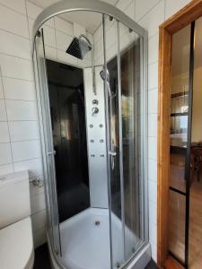 a shower with a glass door in a bathroom at La Petite Gloire in Pogum