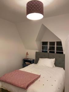 een slaapkamer met een groot bed met een roze deken erop bij Grade Two Listed Cosy Cottage 