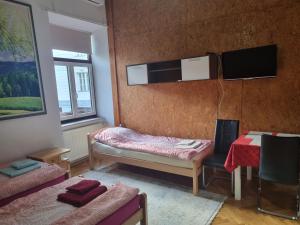a room with a table and a tv on the wall at Apartments Fazarinc with parking, wellness and city store in the center of Celje in Celje