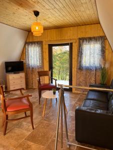 ein Wohnzimmer mit einem Sofa und einem Tisch in der Unterkunft Crângul Verde in Minciuneşti