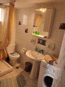 uma casa de banho com uma máquina de lavar roupa e um lavatório em Bee life apts, Sweet house em Kókkinos Pírgos