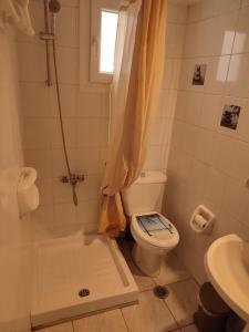 uma casa de banho com um WC, um chuveiro e um lavatório. em Bee life apts, Sweet house em Kókkinos Pírgos