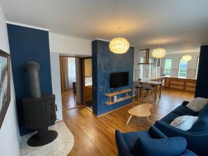 ein Wohnzimmer mit einem Sofa und einem Holzofen in der Unterkunft "Winter" Apartment in Viljandi