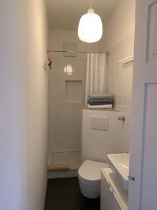 een witte badkamer met een toilet en een wastafel bij Charmante Stadtwohnung im Textilviertel in Augsburg