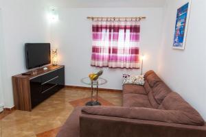 a living room with a brown couch and a tv at Apartments Loncar in Jadranovo