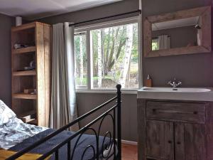 1 dormitorio con cama, lavabo y ventana en Het Zwarte Paard, en Gameren