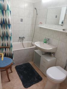 佩奇的住宿－Vince apartman，浴室配有卫生间、盥洗盆和浴缸。