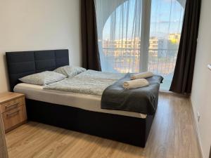 un letto in una camera da letto con una grande finestra di Seaforth Apartment a Siófok