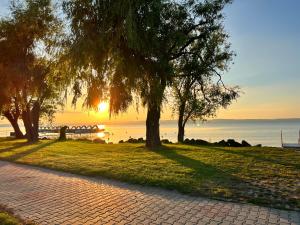 a walkway with trees and the ocean at sunset at Seaforth Apartment in Siófok