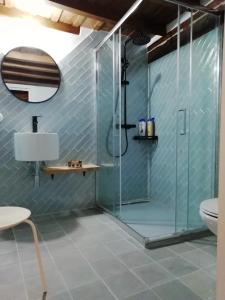 y baño con ducha de cristal y aseo. en VEN LUNA, VEN Casa-SPA Astroturismo rural TR-CC-00361, en Casas del Castañar