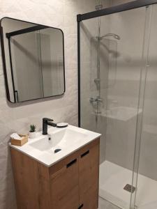 a bathroom with a sink and a shower with a mirror at Apartamento Sanfuentes Bat in Sanfuentes