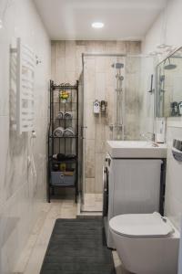 a bathroom with a toilet and a shower and a sink at Naujas butas-studio Mažvydo al. in Klaipėda