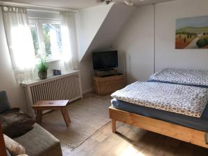 a bedroom with a bed and a flat screen tv at Apartment,Wohnung & Zimmer 'Am Waldfreibad' in Much