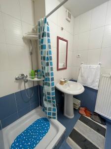 ein blau-weißes Badezimmer mit einem Waschbecken und einer Badewanne in der Unterkunft APARTMAN AGEKO in Gornji Milanovac