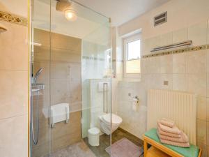 uma casa de banho com uma cabina de duche em vidro e um WC. em Lovely Apartment in Picturesque Niedernsill with Garden em Niedernsill