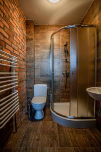 a bathroom with a shower and a toilet and a sink at Villa Marcelina-Buk in Buk