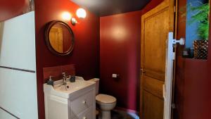 La salle de bains est pourvue de toilettes, d'un lavabo et d'un miroir. dans l'établissement Le Cottage et la Tiny des Cartes - 2 maisons, à LʼÎle Bouchard